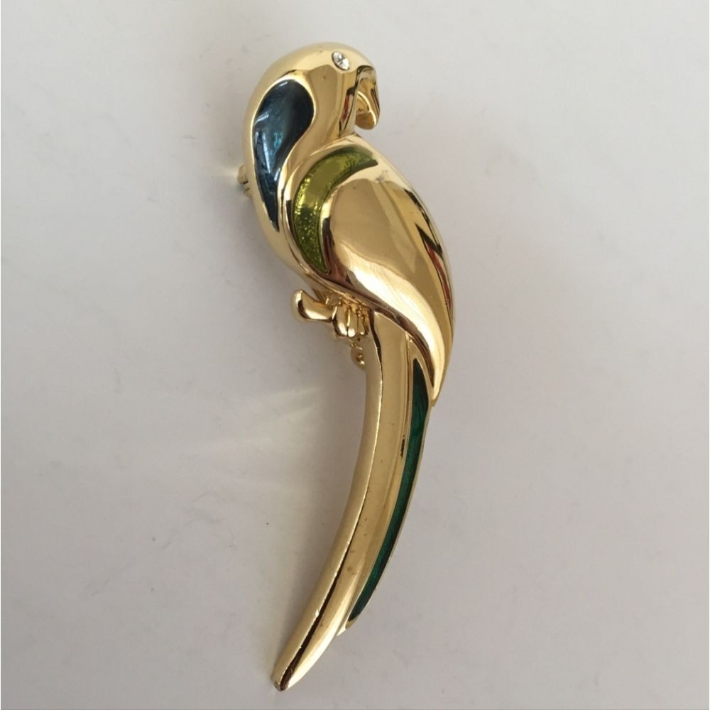 Vtg Liz Claiborne Brooch Gold Tone Rhinestone Yellow Green Enamel Bird 2.6" EUC - Picture 7 of 7